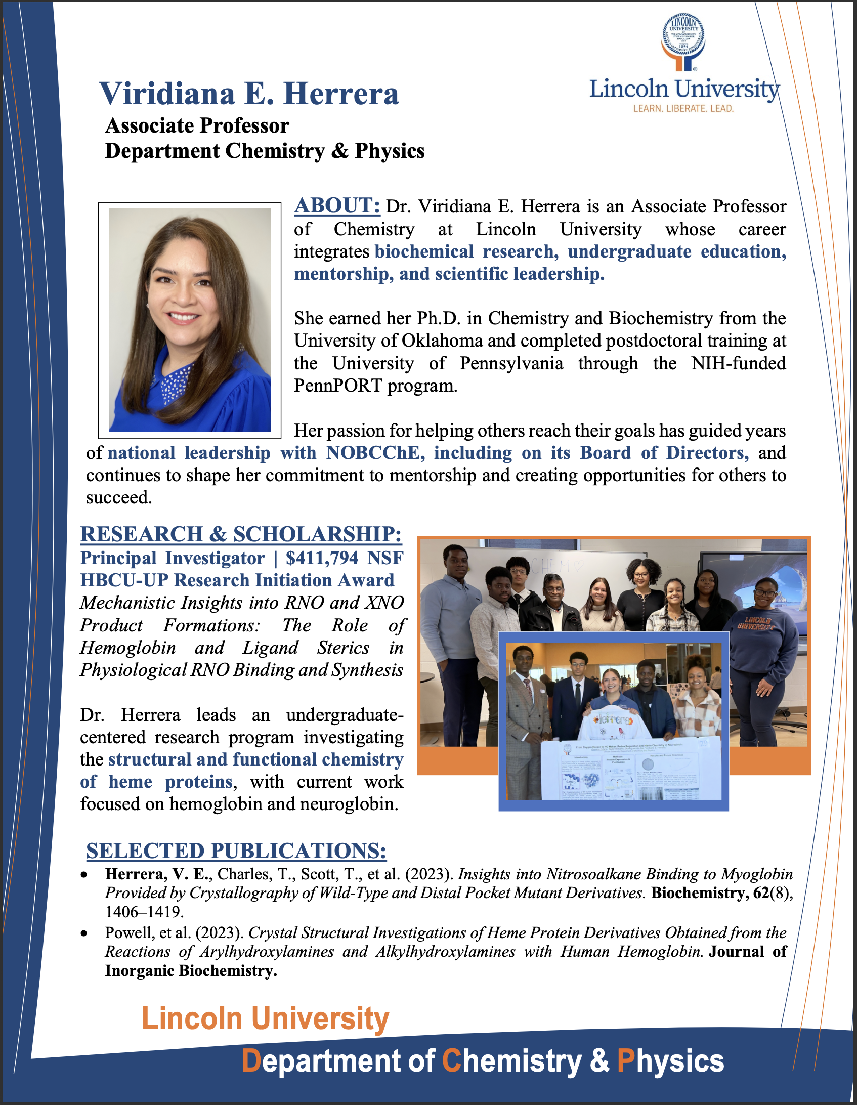 Faculty profile for Dr. Viridiana E. Herrera, Assistant Professor in the Lincoln University Department of Chemistry and Physics, featuring her photo, biography, research interests, recent publications, presentations, grants, and contact information.